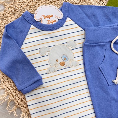 Body Longo e Calça Cãozinho Ursinho Listrado - Azul Bic